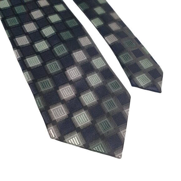 Croft Barrow Geometric Checkered Tie Navy Green Gray Polyester Office Gift Dad - Picture 3 of 6